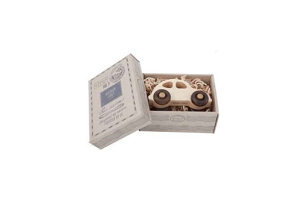 Car wooden toy packed in a wooden box