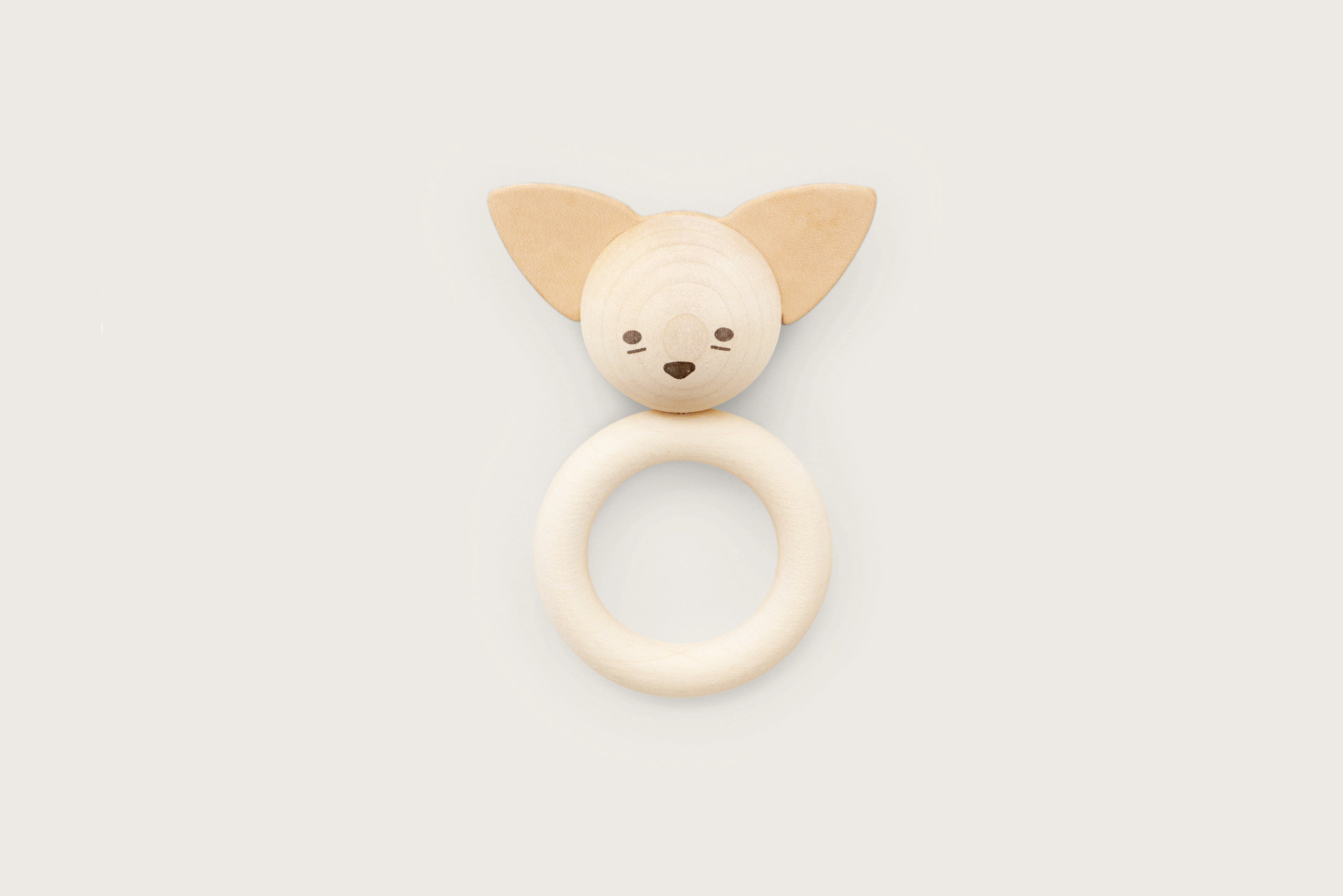 Fox teething ring made of natural wood and leather. Wooden Teeth Soother with leather
