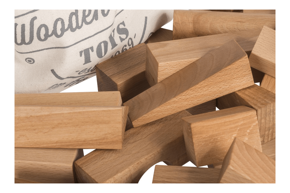 Natural wooden building blocks in bag